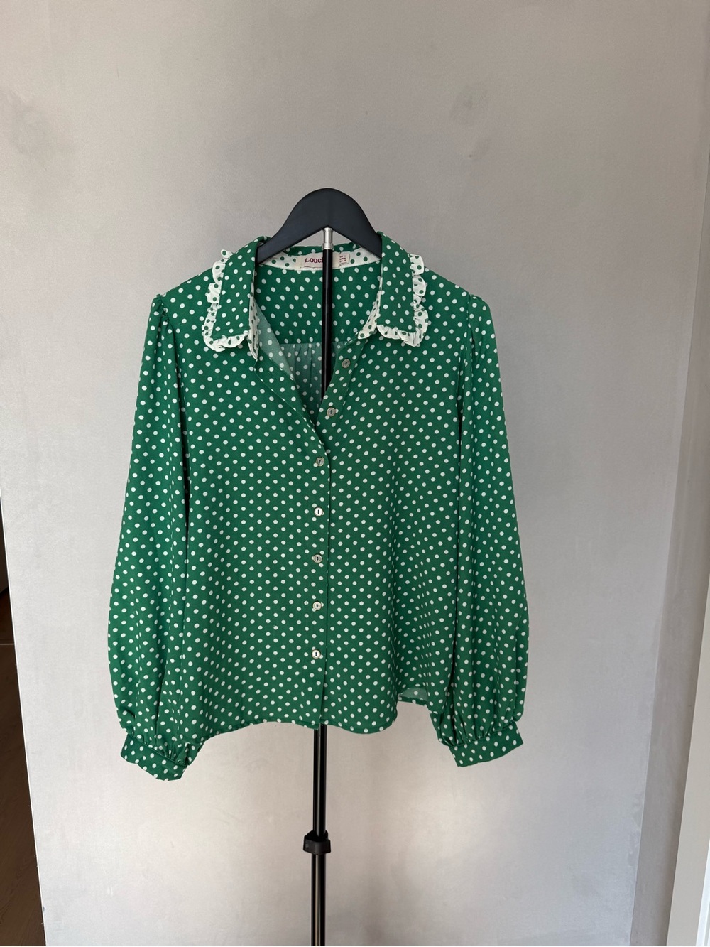 Green Polka Dot Button-Front Blouse with Lace Collar